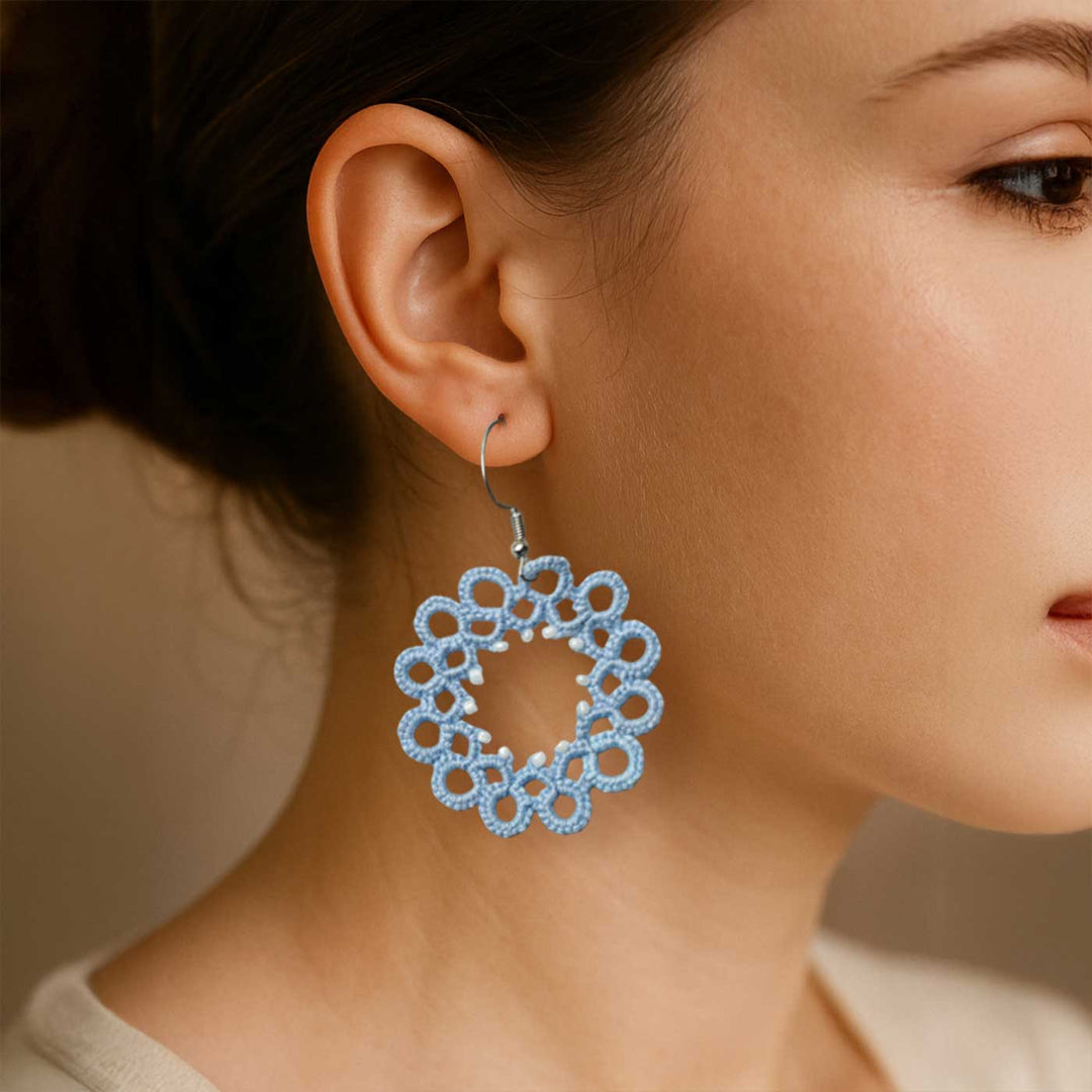 Handmade Tatting Flower Beaded Lace Cotton Earrings