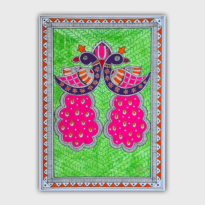 8 x 5 Inch | Symphony In Pink & Green | Original Hand Painted Madhubani Painting On Paper