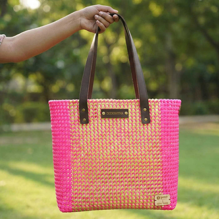 Pink And Green Blocks Handmade Wire Koodai Tote Bag
