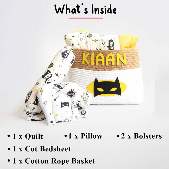 6 Pc | Personalized Organic Cotton Superhero Bedding Gift Basket Set | 0-4 Years
