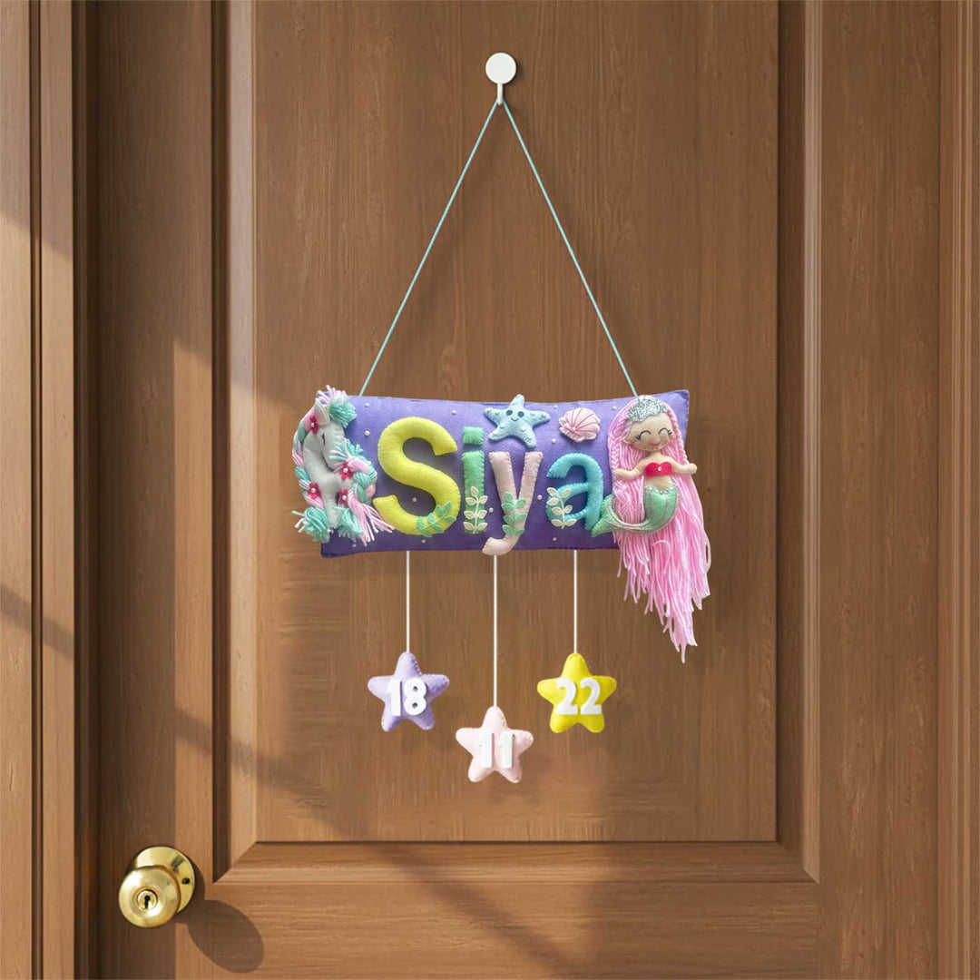 Handcrafted Mermaid & Unicorn Themed Rectangle Felt Name Plate for Kids