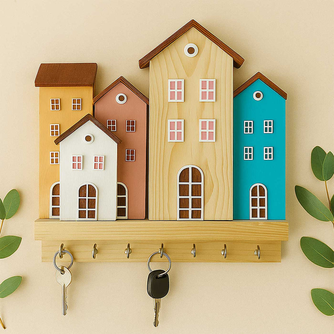 Stylish Miniature House Theme Wooden Key Holder | With 7 Hooks