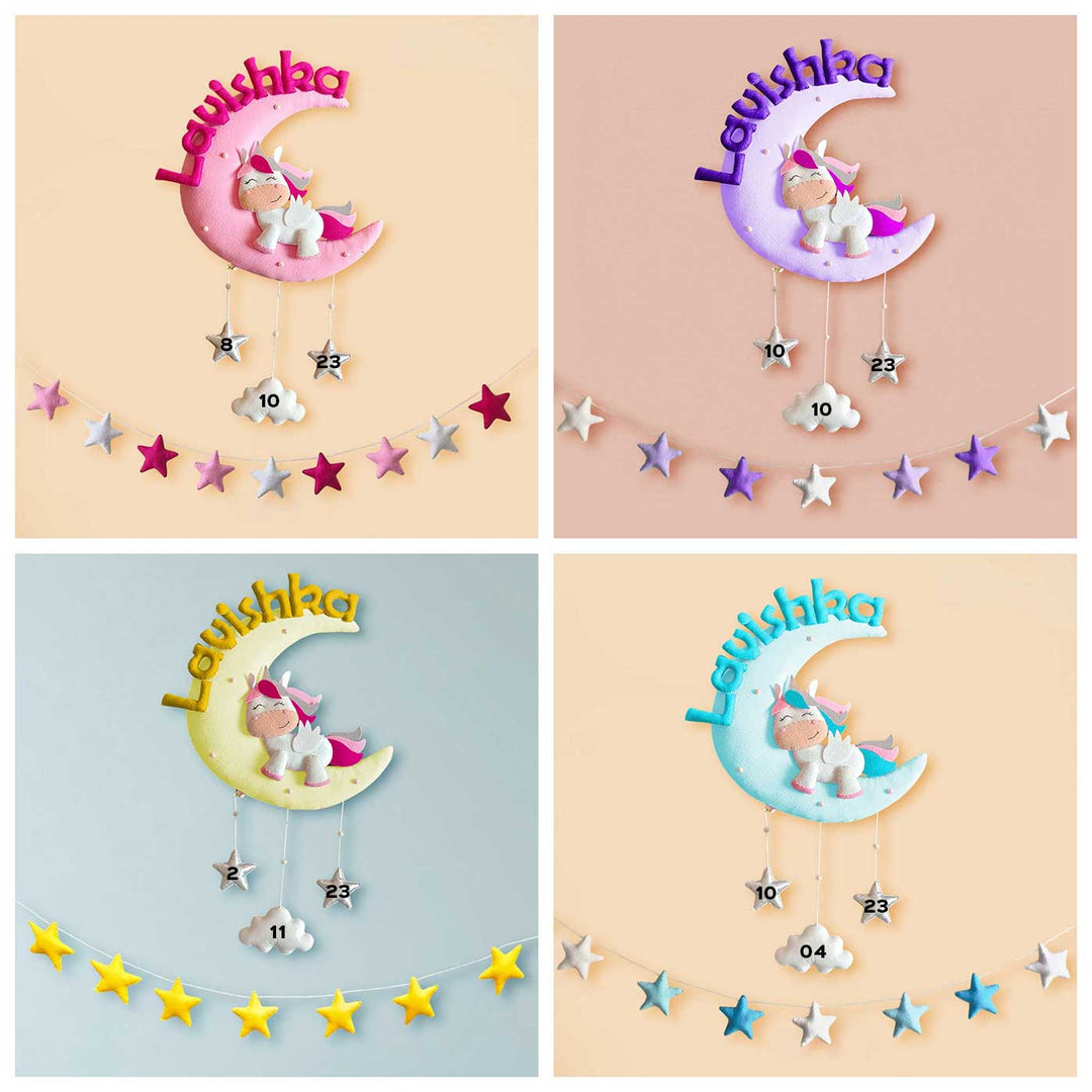 Hand-stitched Cute Unicorn Themed Moon Felt Nameplate