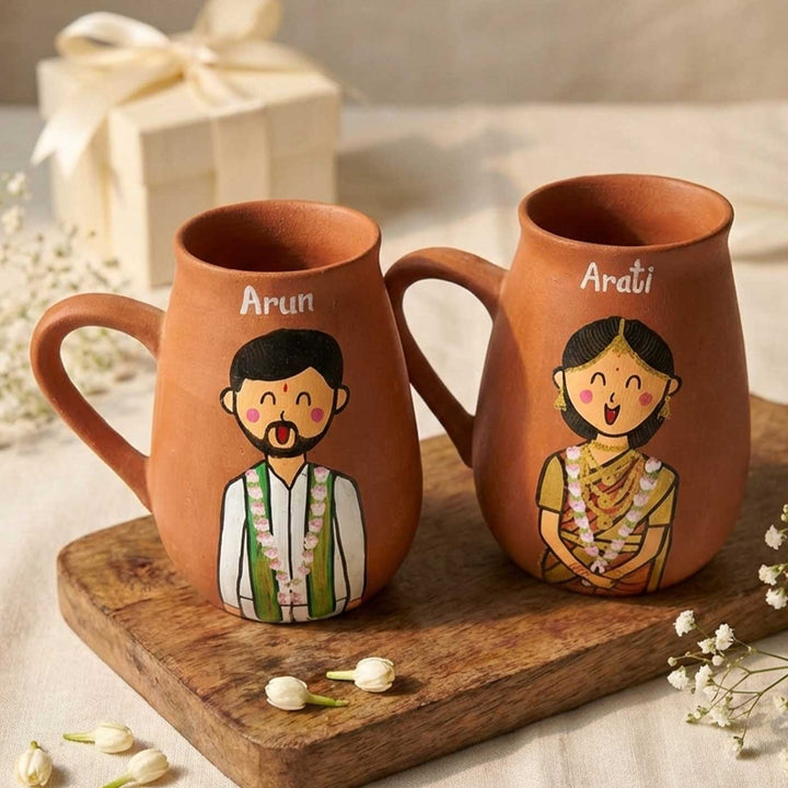 2 Pc | Kannada Couple Personalized Handpainted Terracotta Mug | 450 ml