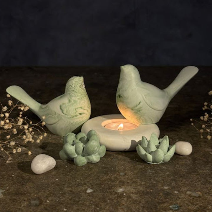 Handmade Concrete Twin Flame Hamper | Includes 2 Bird Centerpiece, 1 Candle Holder And 2 Succulents