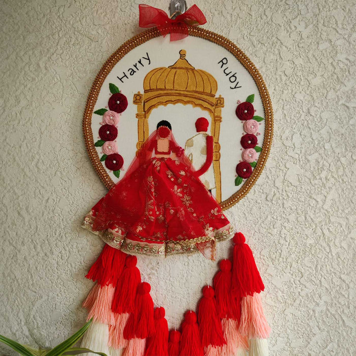 Personalized Embroidered Red Floral Wedding Plaque With Tassels