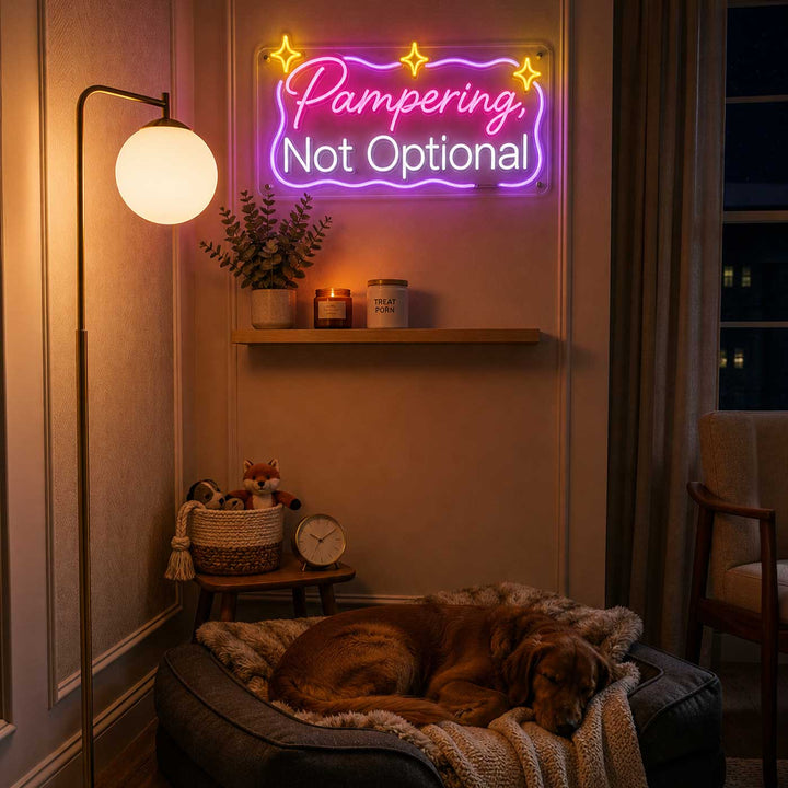 Handmade "Pampering Not Optional" Neon Light Sign Board For Pet Spa/Corner Decor