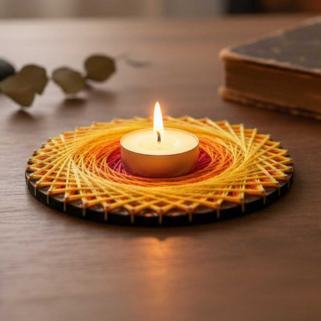 Handmade String Art Round Wooden Tealight Holder With Tealight Candle