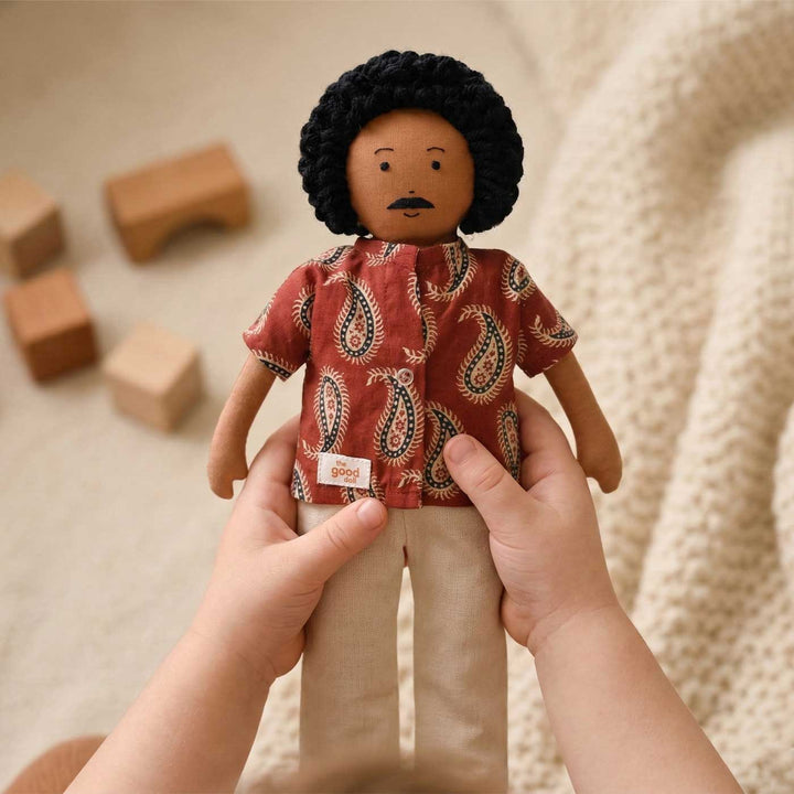 Nilah's Appa (Father) In Maroon Shirt | Soft Hand-Stitched Sustainable Indian Play Doll
