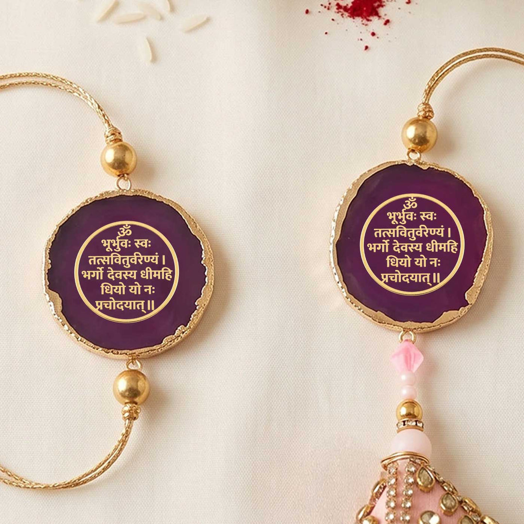 Handmade "Gayatri Mantra" Pink Premium Agate Bhaiya Bhabhi Couple Rakhi And Lumba Set With Roli Chawal, Nariyal And Gift Box | Set of 2