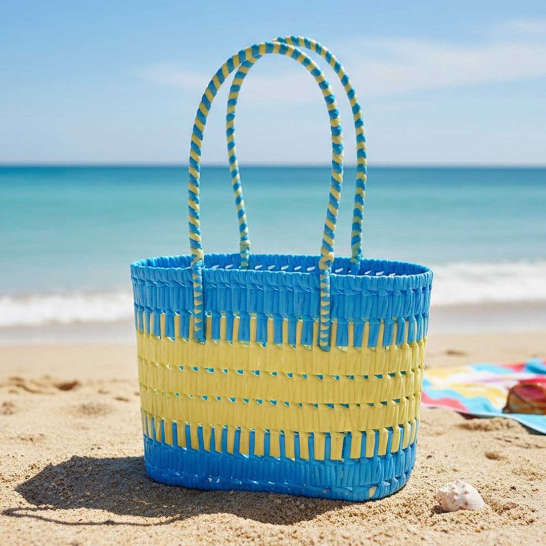 Handmade Traditional Plastic Tape Wire Blue And Yellow Koodai Lunch Bag