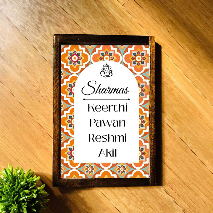 Blooming Orange Vintage Personalized Resin & Teak Wood Frame Name Plate For Home
