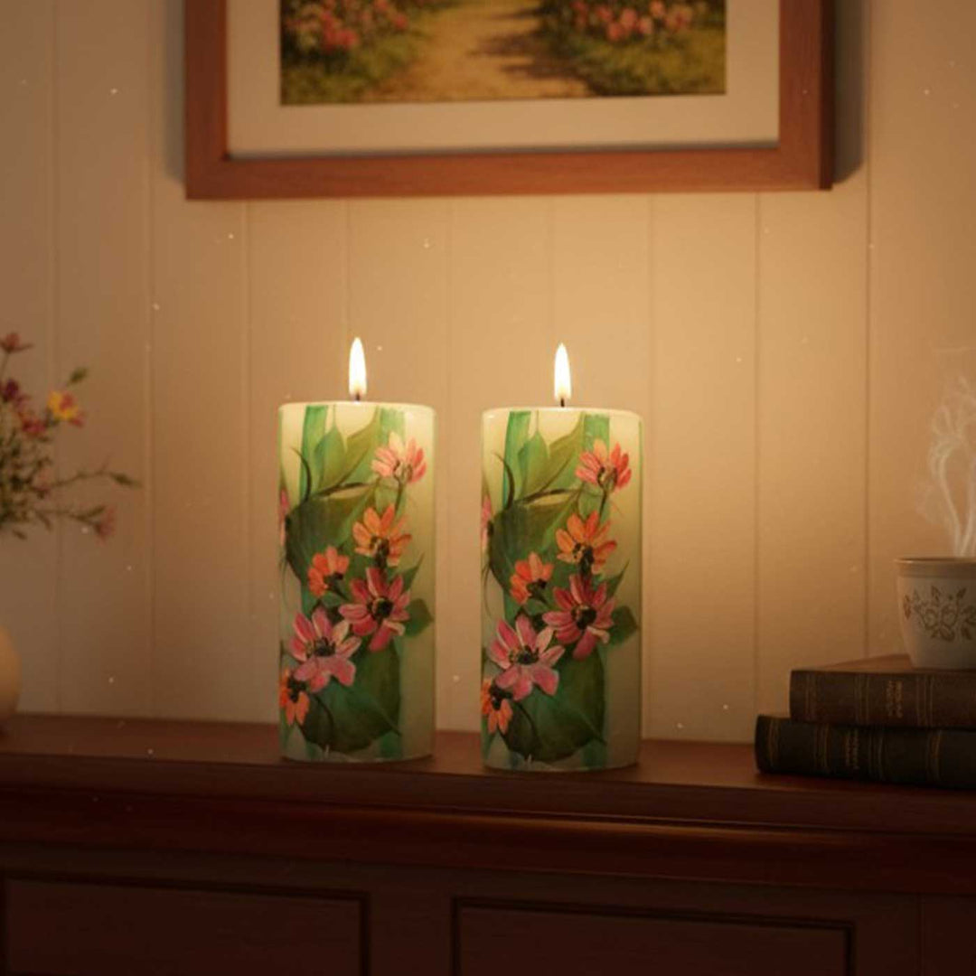 Hand-Painted Wild Flowers Circular Paraffin Scented Candle | Set Of 2