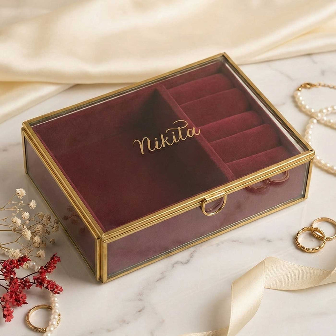 Personalized Engraved Glass Jewellery Box | With Velvet Compartment