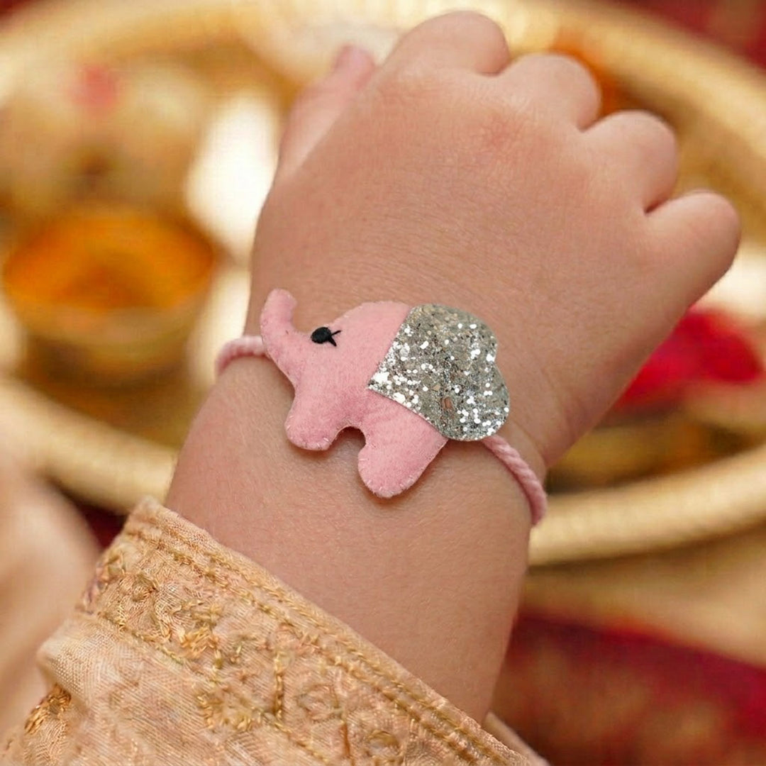 Handmade Glitter Elephant Felt Rakhi With Roli Chawal