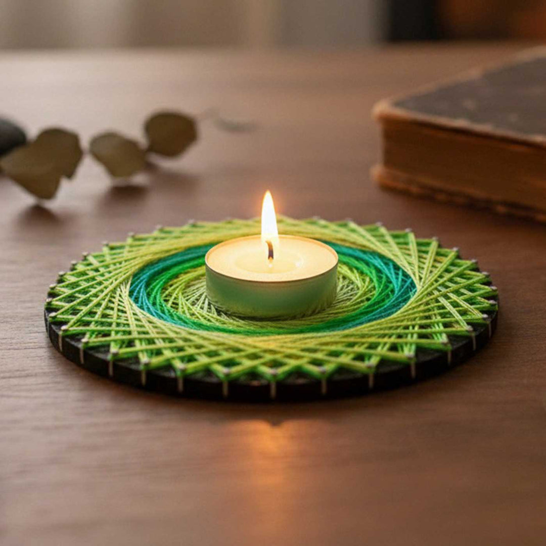 Handmade String Art Round Wooden Tealight Holder With Tealight Candle