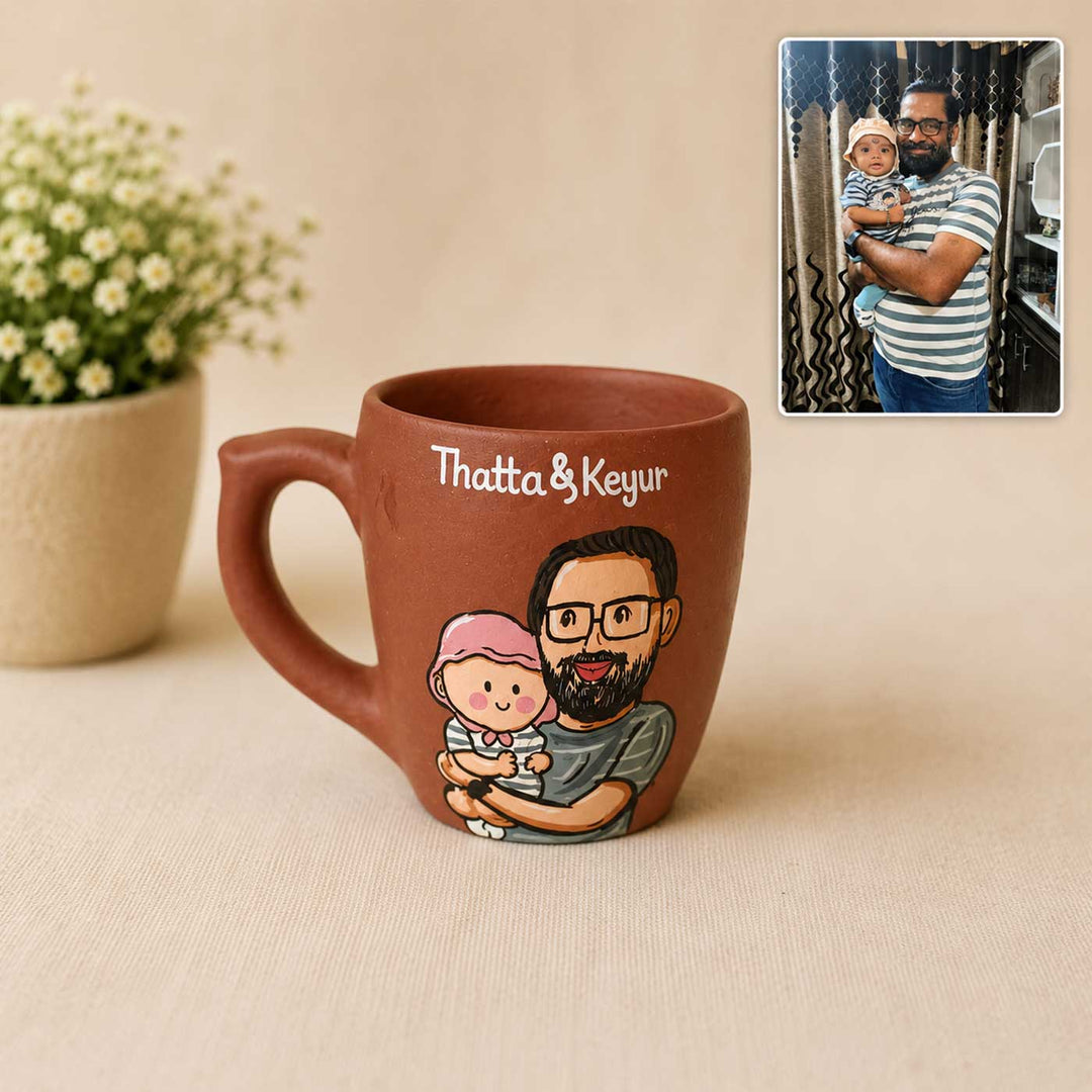 Personalised Terracotta Mugs with Photo Based Caricatures for Dad and Children