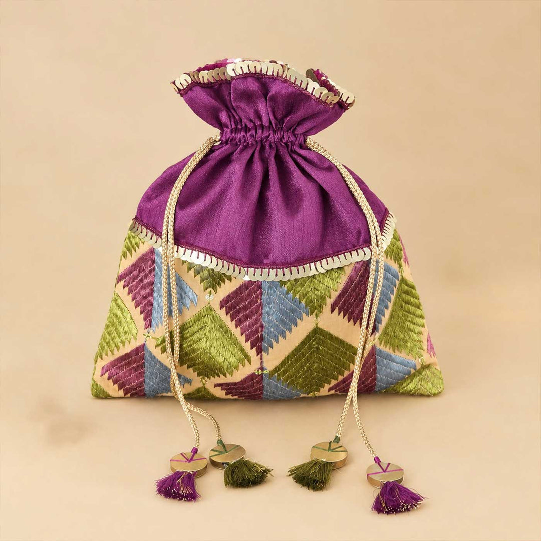 Handmade Phulkari Silk Potli For Festive Gifting | Large