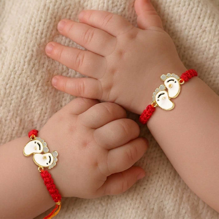 2 Pc | Handmade Macrame Baby Feet Theme Metal Rakhi With Roli Chawal For Twins