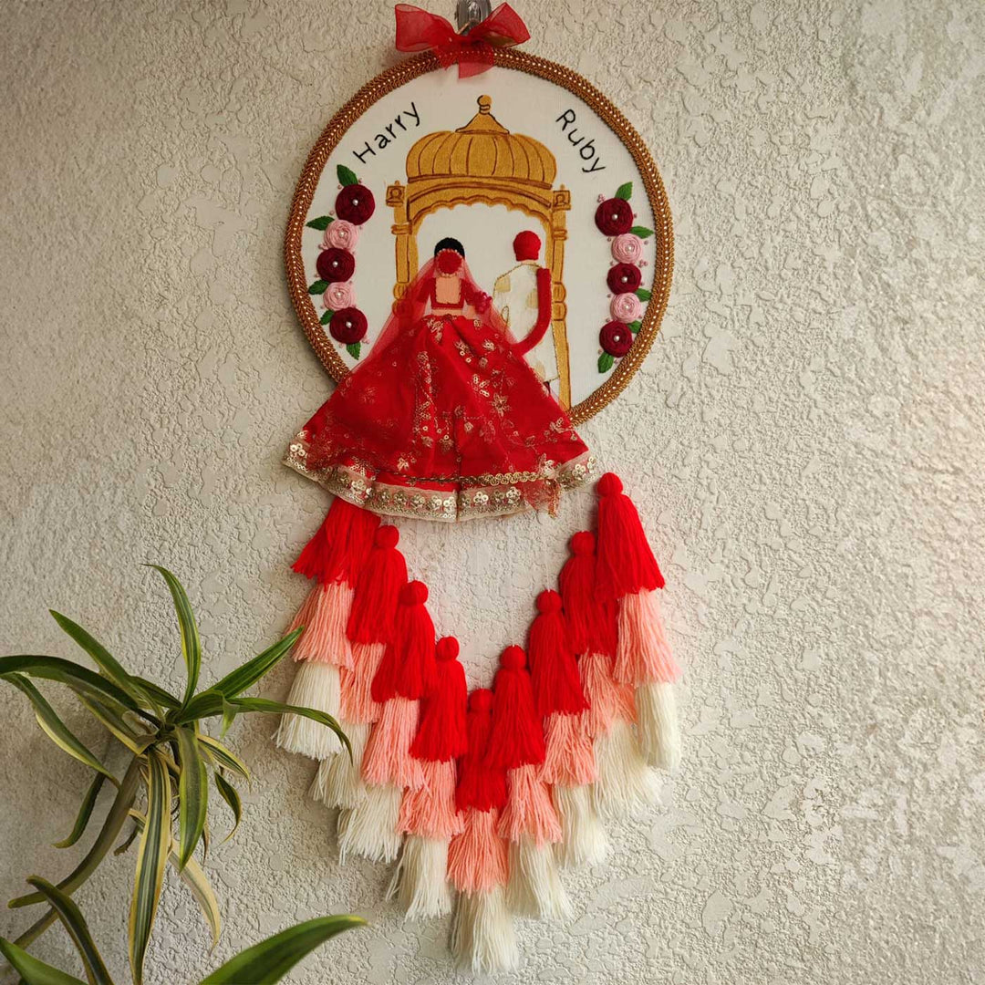 Personalized Embroidered Red Floral Wedding Plaque With Tassels
