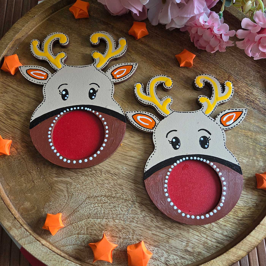 2 Pc | Handmade Wooden Colorful Reindeer Tealight Holder