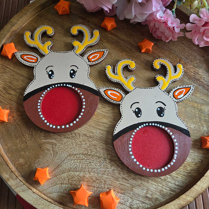 2 Pc | Handmade Wooden Colorful Reindeer Tealight Holder