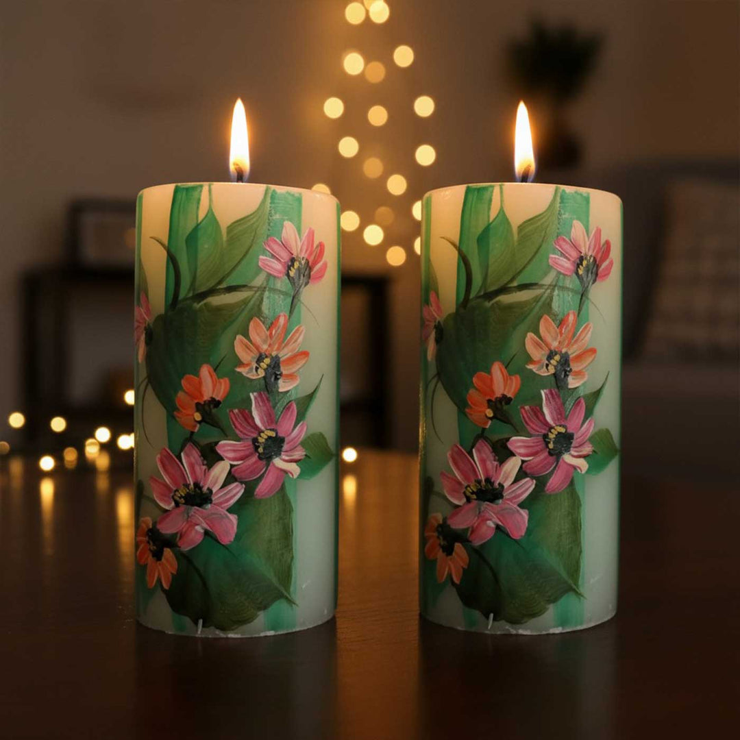 Hand-Painted Wild Flowers Circular Paraffin Scented Candle | Set Of 2