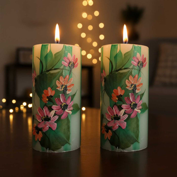 Hand-Painted Wild Flowers Circular Paraffin Scented Candle | Set Of 2