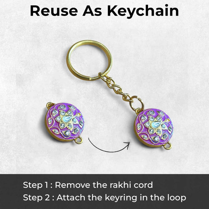 Handmade Meenakari Purple Buta Brass Rakhi With Roli Chawal