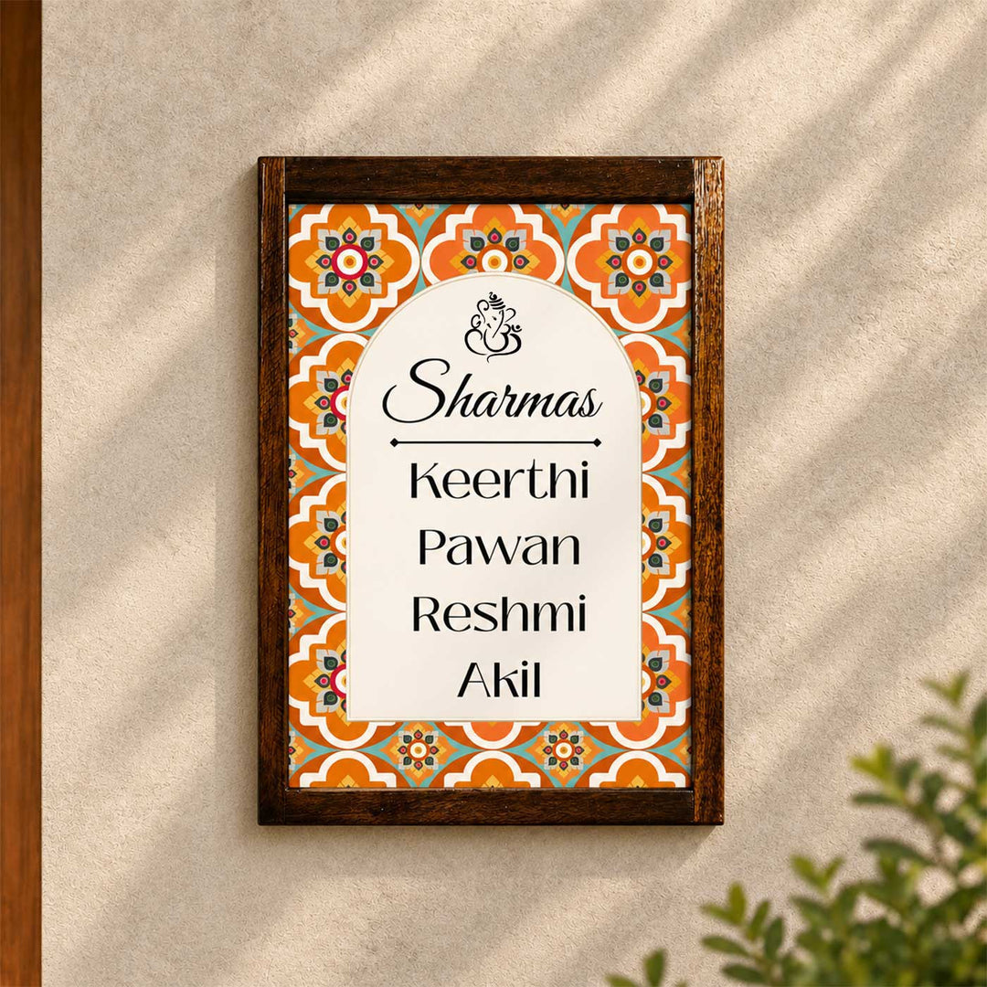 Blooming Orange Vintage Personalized Resin & Teak Wood Frame Name Plate For Home