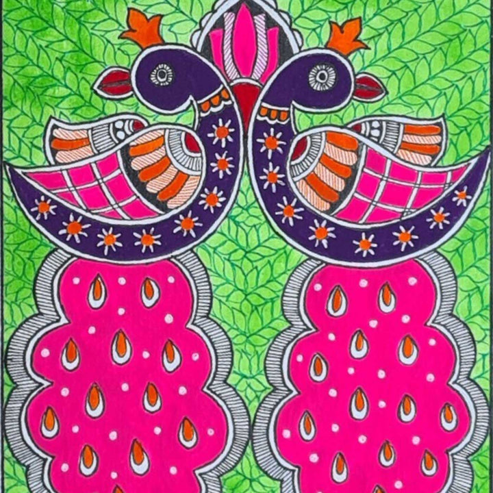 8 x 5 Inch | Symphony In Pink & Green | Original Hand Painted Madhubani Painting On Paper
