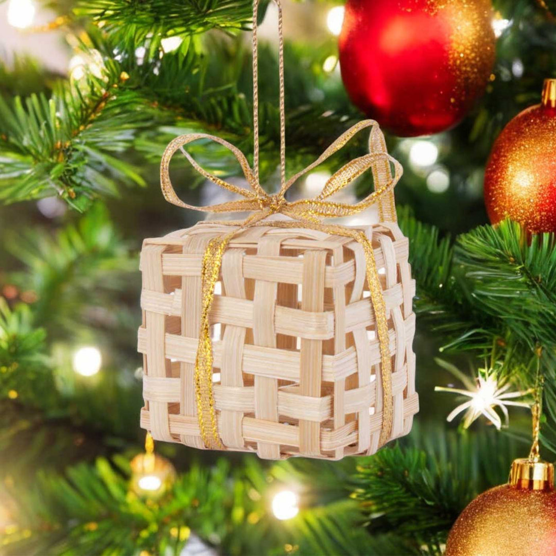 5 Pc | Handmade Bamboo Gift Box Hanging Christmas Ornaments | Assorted Colors