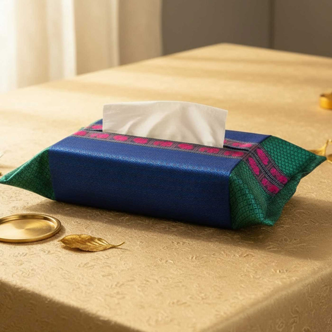 Handmade Blue Elephant & Peacock Motif Khunn Fabric Cotton Tissue Box Cover