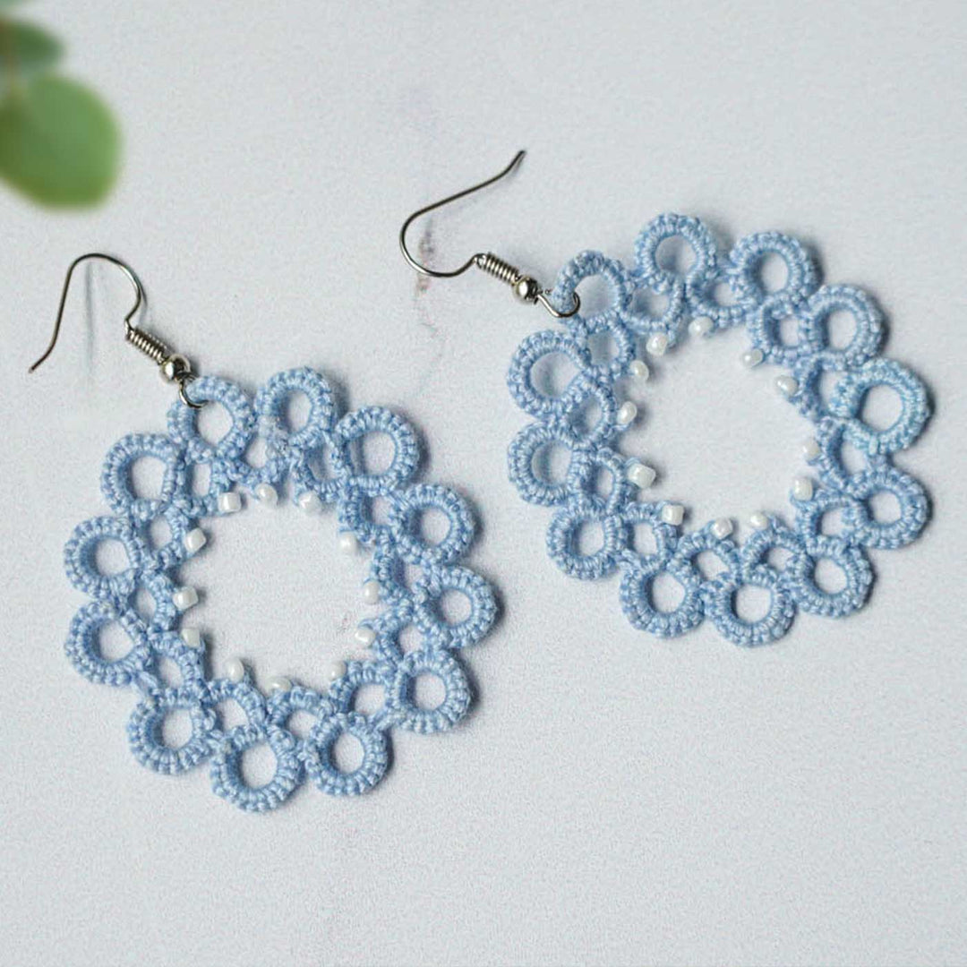 Handmade Tatting Flower Beaded Lace Cotton Earrings