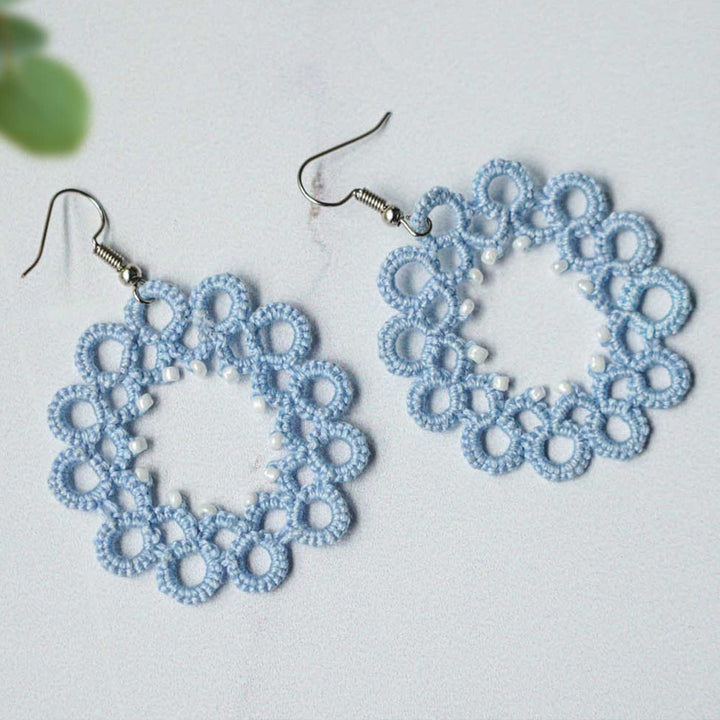 Handmade Tatting Flower Beaded Lace Cotton Earrings