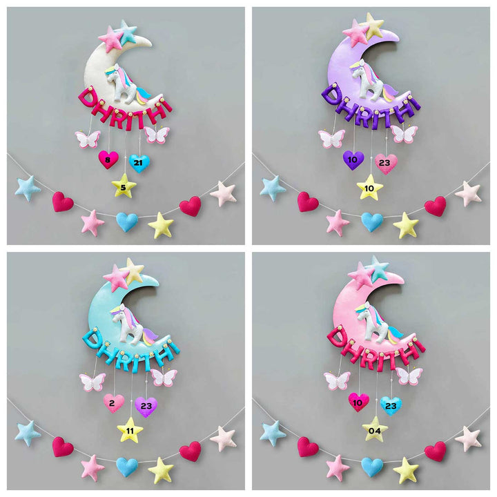 Hand-stitched Unicorn Themed Felt Moon Nameplate with Birthdate
