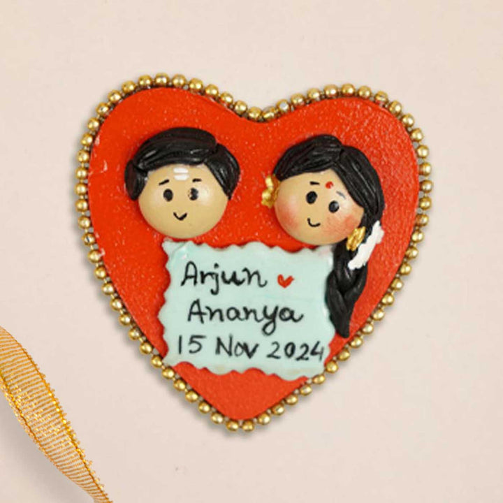 South Indian Couple Handmade Personalized Polymer Clay Heart Fridge Magents