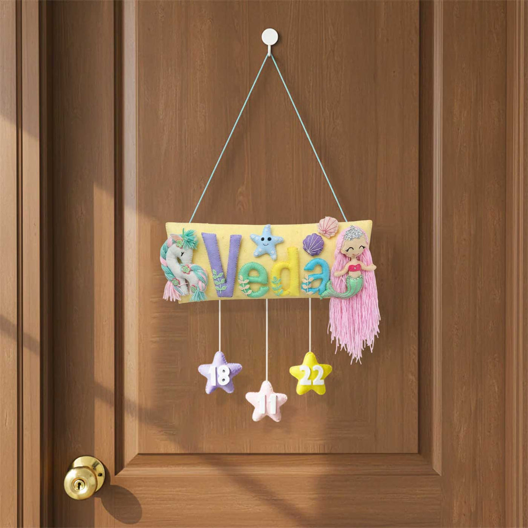 Handcrafted Mermaid & Unicorn Themed Rectangle Felt Name Plate for Kids