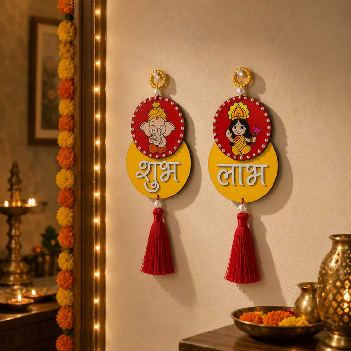 2 Pc | Hand-Painted Lakshmi And Ganesh Ji Design MDF Shubh Labh Hangings