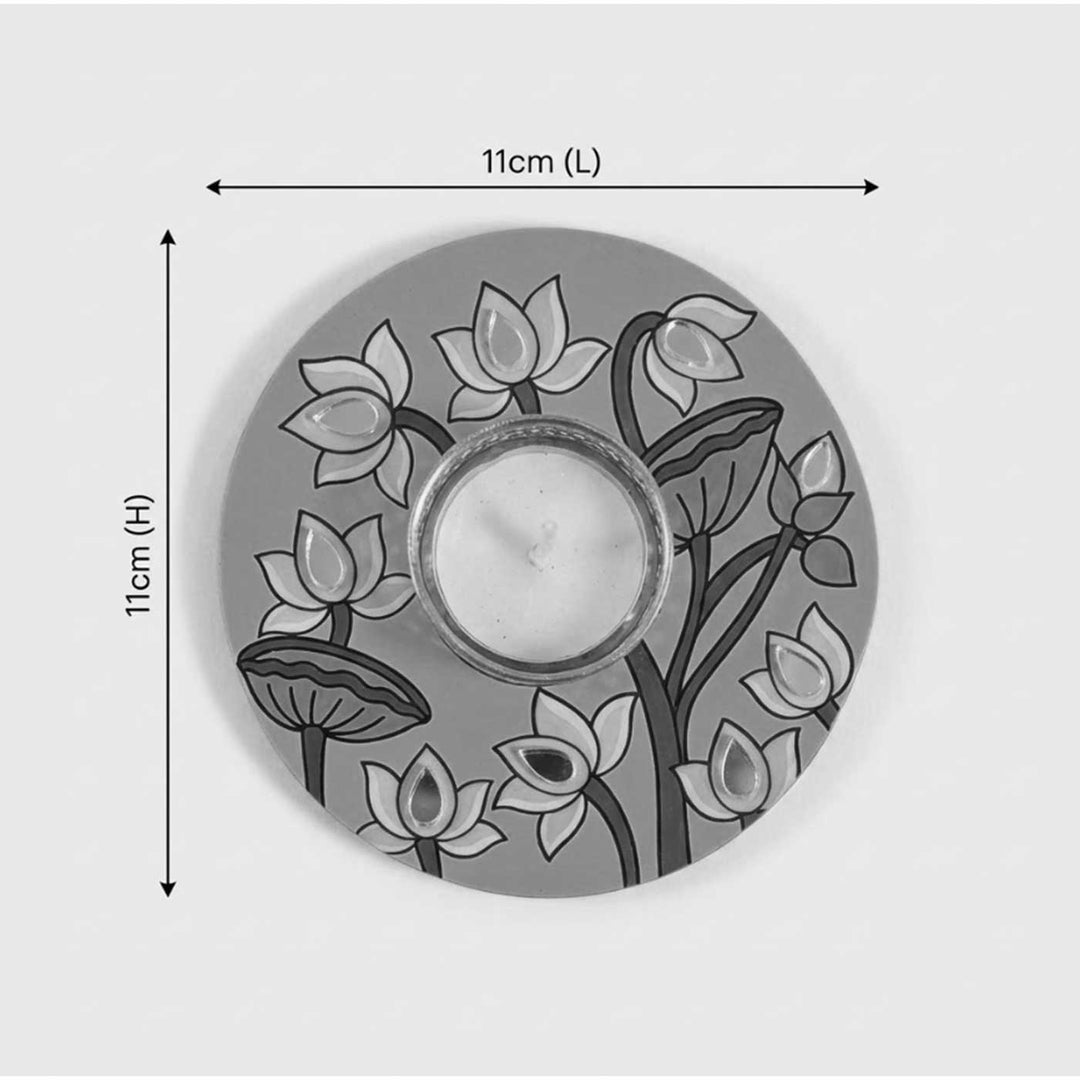 Set of 4 | Handcrafted Colourful Lotus Round Wooden Tealight Holders