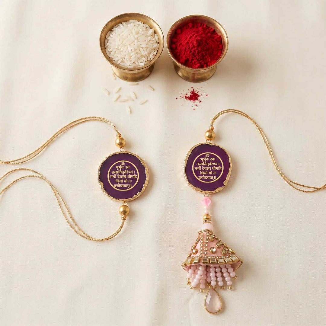 Handmade "Gayatri Mantra" Pink Premium Agate Bhaiya Bhabhi Couple Rakhi And Lumba Set With Roli Chawal, Nariyal And Gift Box | Set of 2