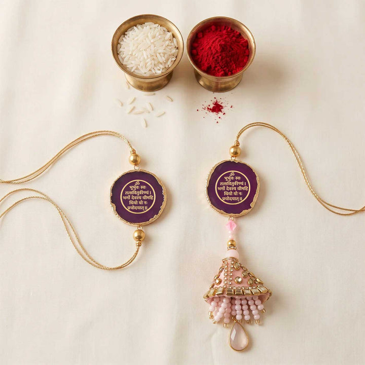Handmade "Gayatri Mantra" Pink Premium Agate Bhaiya Bhabhi Couple Rakhi And Lumba Set With Roli Chawal, Nariyal And Gift Box | Set of 2
