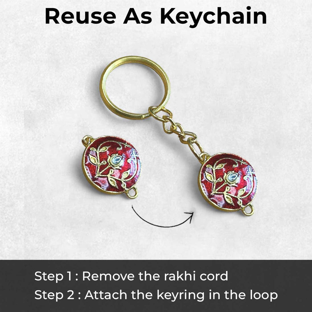 Handmade Meenakari Red Buta Brass Rakhi With Roli Chawal