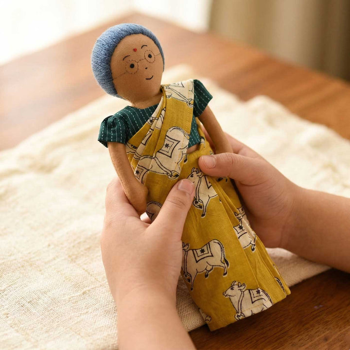 Nilah's Patti (Grandmother) In Yellow & Green Saree | Soft Hand-Stitched Sustainable Indian Play Doll