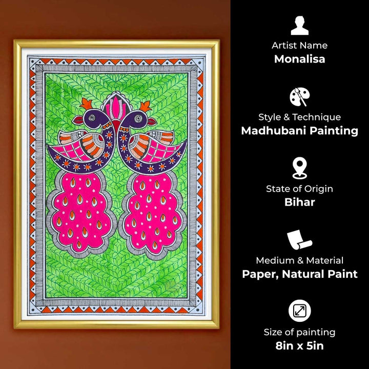 8 x 5 Inch | Symphony In Pink & Green | Original Hand Painted Madhubani Painting On Paper