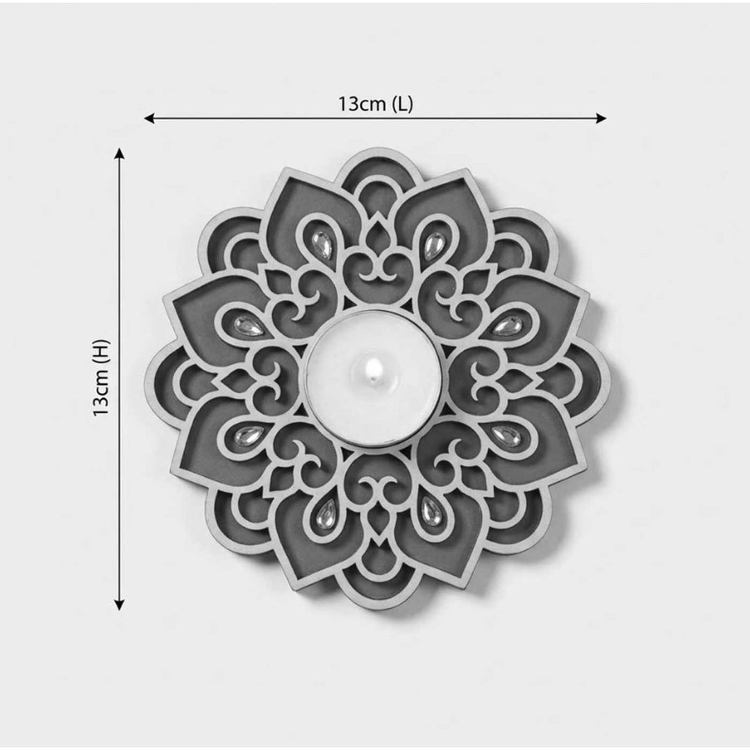 Handcrafted Heritage Mandala Red Wooden Tealight Holder with Mirror Accents