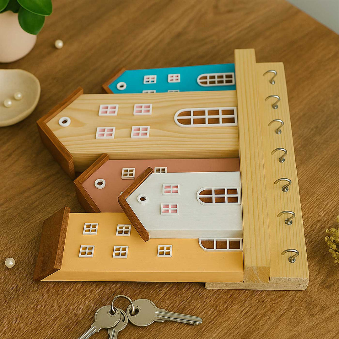 Stylish Miniature House Theme Wooden Key Holder | With 7 Hooks