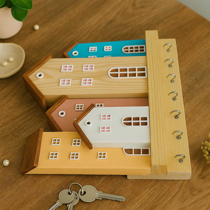 Stylish Miniature House Theme Wooden Key Holder | With 7 Hooks