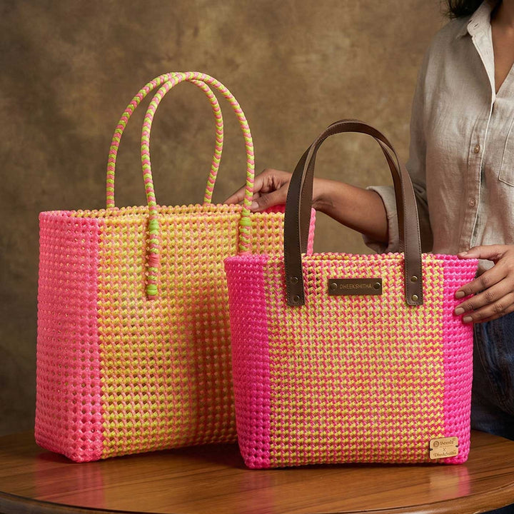 Pink And Green Blocks Handmade Wire Koodai Tote Bag