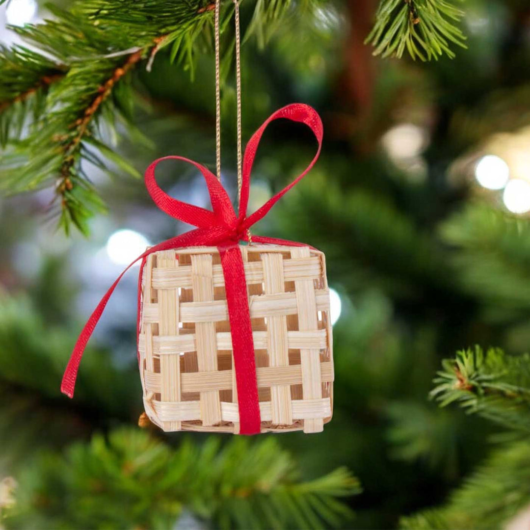 5 Pc | Handmade Bamboo Gift Box Hanging Christmas Ornaments | Assorted Colors